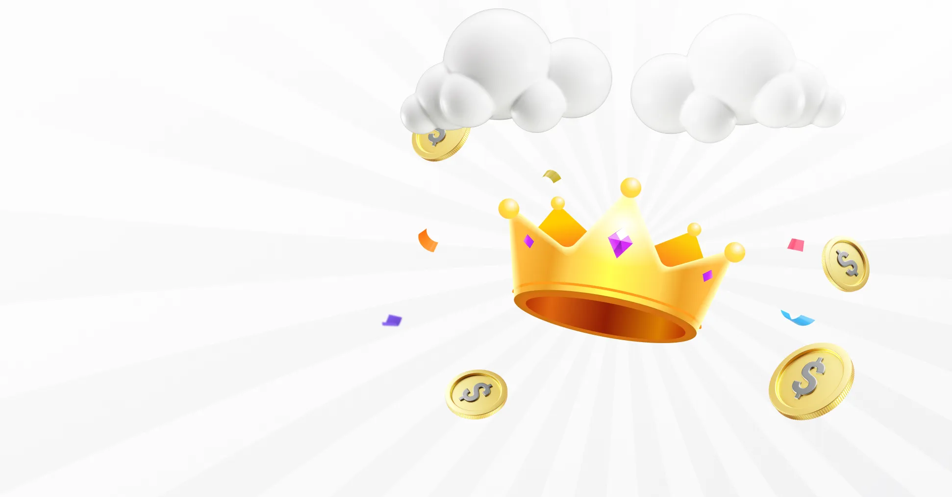 a golden crown surrounded by coins and confetti