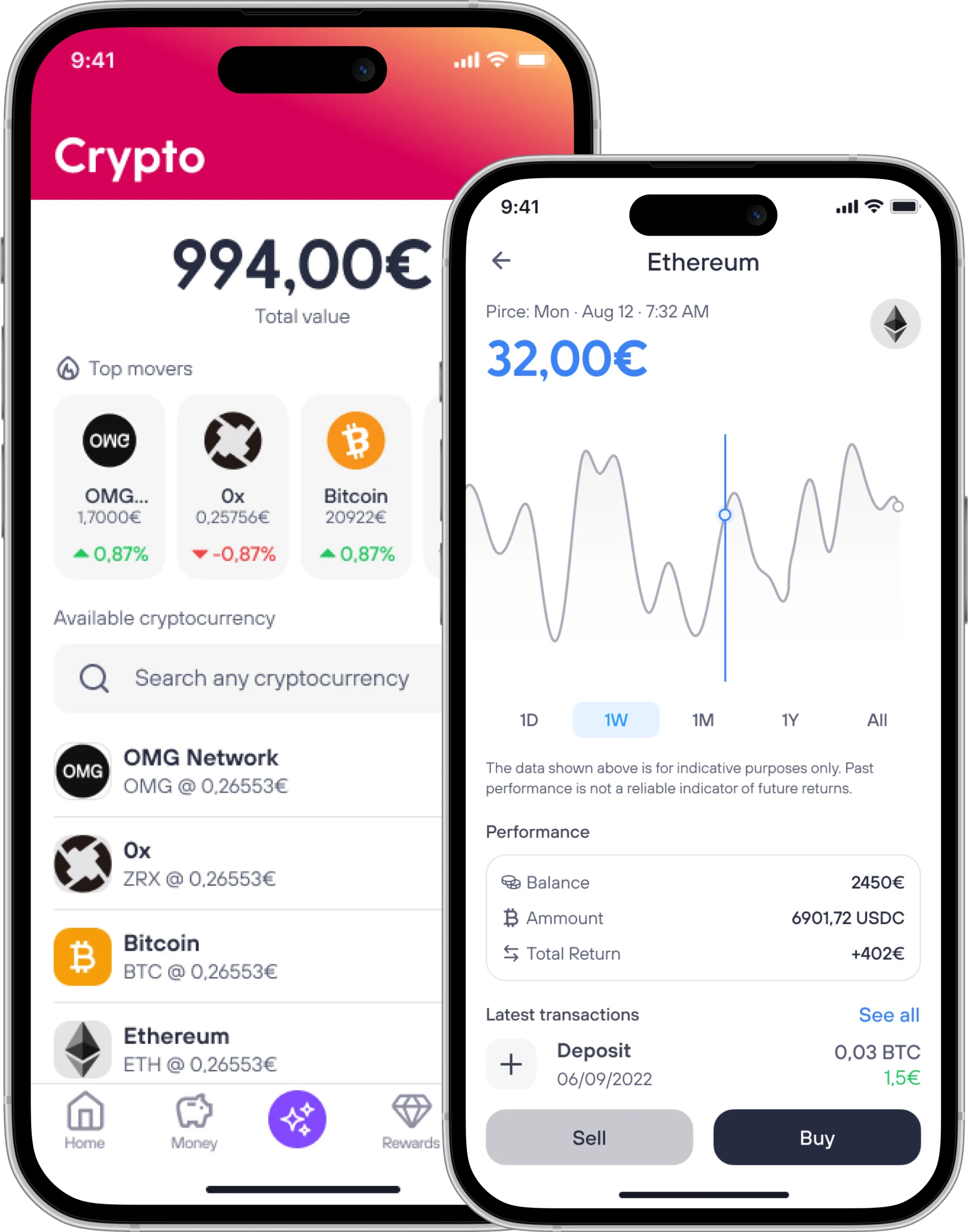 Two phones with crypto pages screenshots from the app