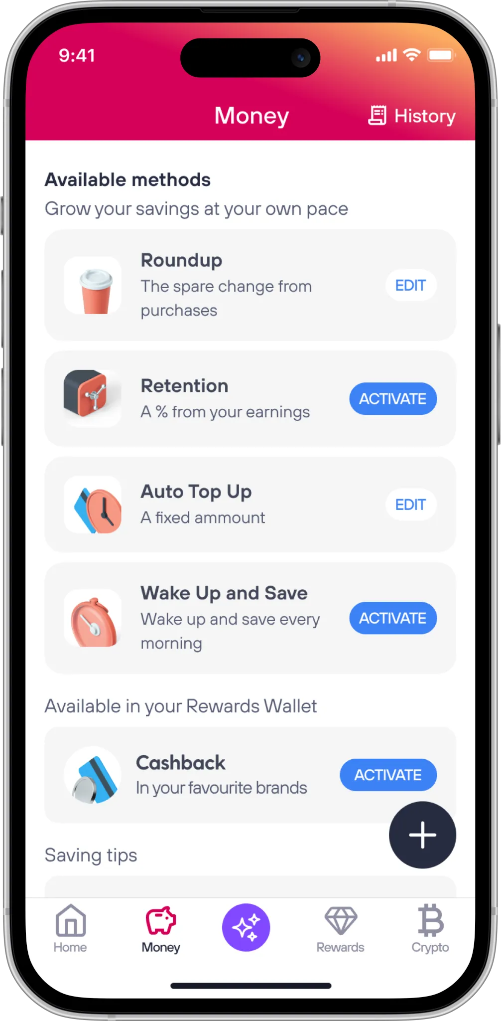 A screenshot of the app that represents the money section where you can store all your money inside different wallets